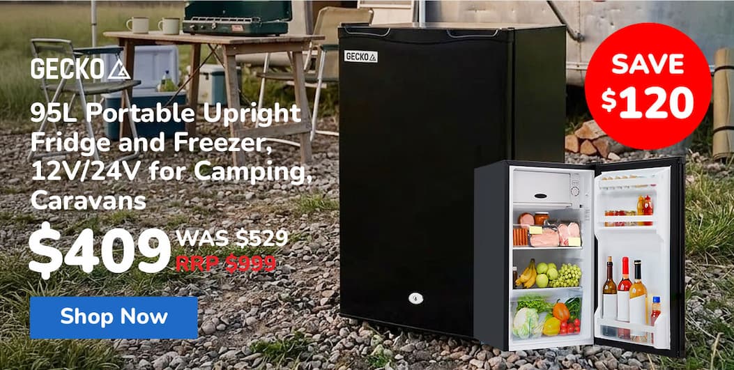 GECKO 95L Portable Upright Fridge and Freezer, 12V/24V for Camping, Caravans, Black