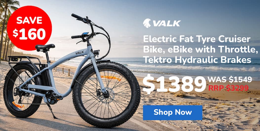 VALK Electric Fat Tyre Cruiser Bike, eBike with Throttle, Tektro Hydraulic Brakes, Blue