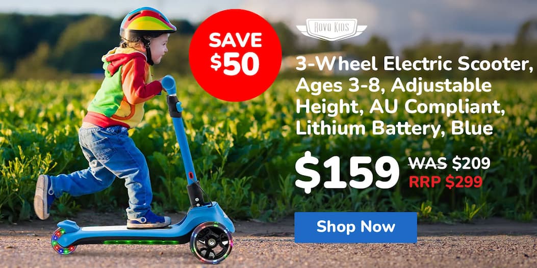 ROVO KIDS 3-Wheel Electric Scooter , Ages 3-8, Adjustable Height, AU Compliant, Lithium Battery, Blue