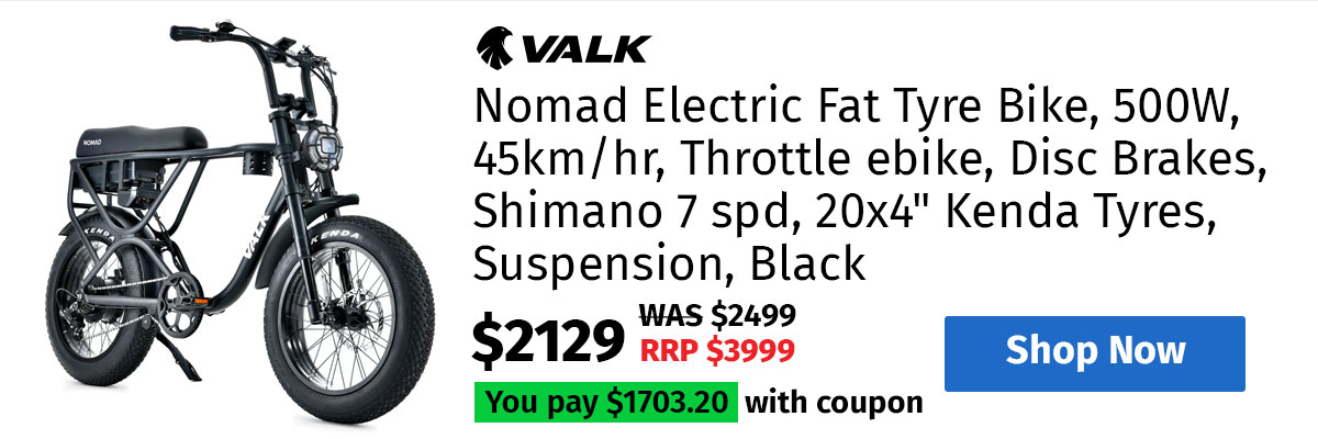 VALK Nomad Electric Fat Tyre Bike, 500W, 45km/hr, Throttle ebike, Disc Brakes, Shimano 7 spd, 20x4" Kenda Tyres, Suspension, Black