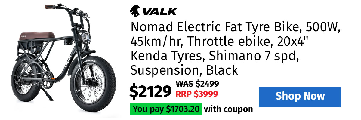VALK Nomad Electric Fat Tyre Bike, 500W, 45km/hr, Throttle ebike, 20x4" Kenda Tyres, Shimano 7 spd, Suspension, Black