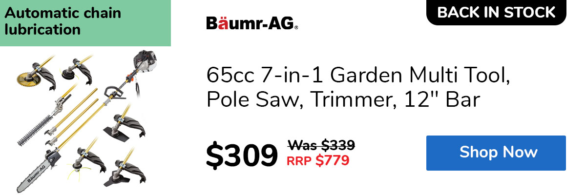 65cc 7-in-1 Garden Multi Tool, Pole Saw, Trimmer, 12" Bar