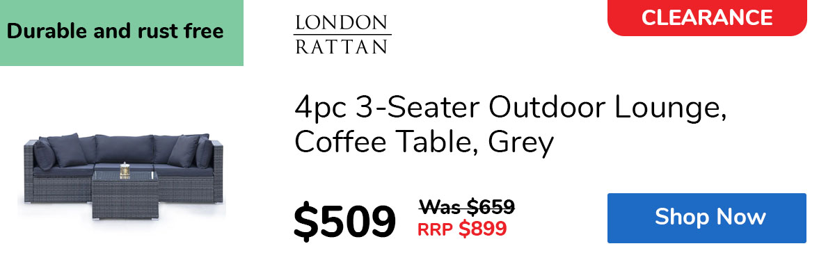 4pc 3-Seater Outdoor Lounge, Coffee Table, Grey