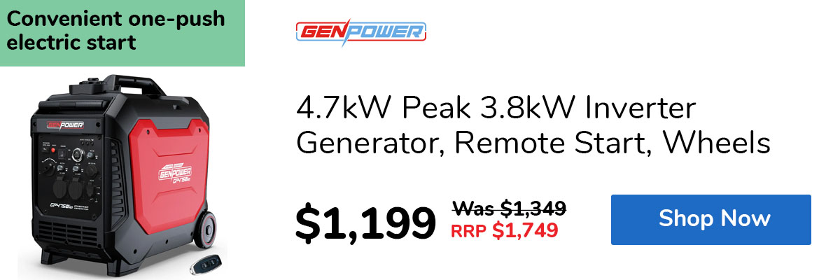 4.7kW Peak 3.8kW Inverter Generator, Remote Start, Wheels