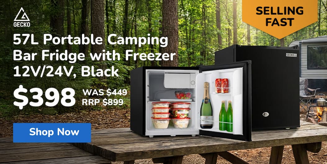 GECKO 57L Portable Camping Bar Fridge with Freezer 12V/24V, Black