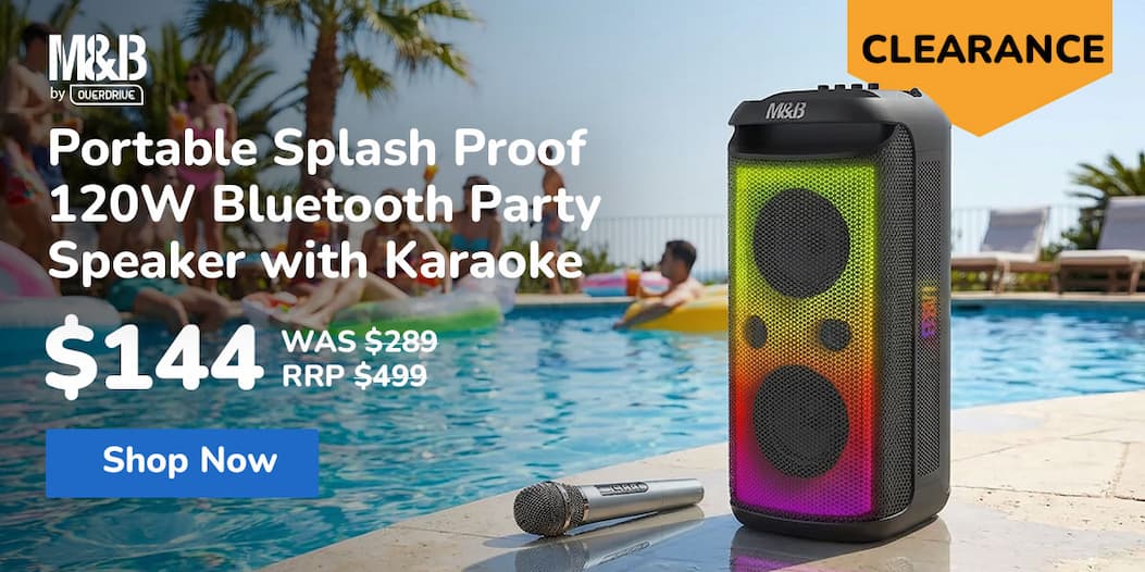 M&B Portable Splash Proof 120W Bluetooth Party Speaker with Karaoke Microphone, IPX4, TWS Pairing, Multi-Input, Lithium Battery, RGB, USB Charging