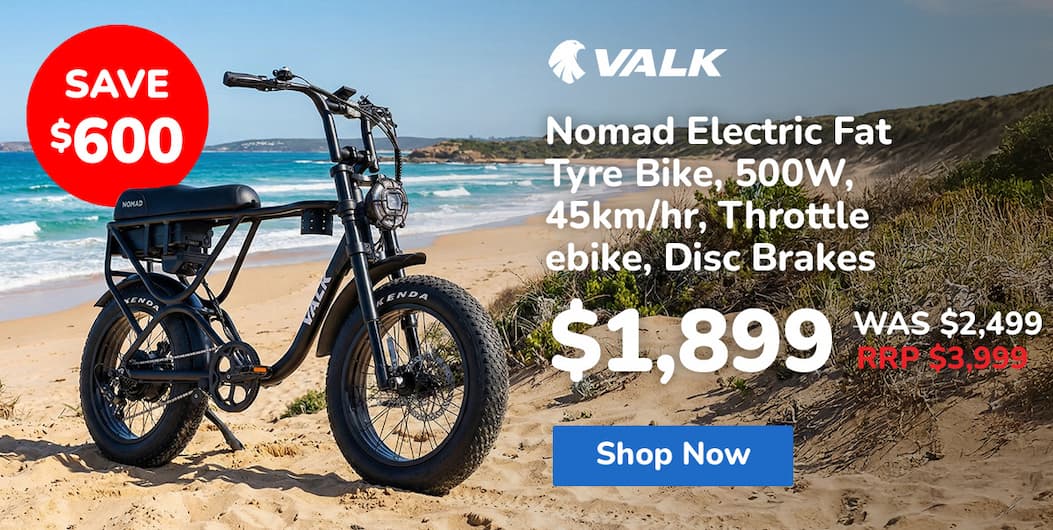 VALK Nomad Electric Fat Tyre Bike, 500W, 45km/hr, Throttle ebike, Disc Brakes, Shimano 7 spd, 20x4" Kenda Tyres, Suspension, Black