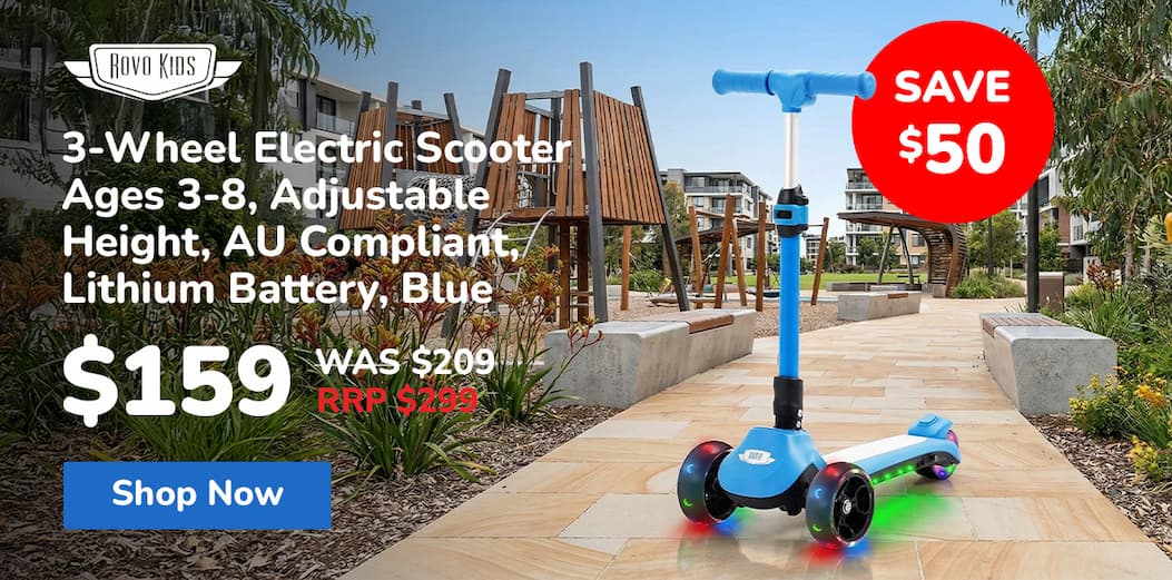 ROVO KIDS 3-Wheel Electric Scooter , Ages 3-8, Adjustable Height, AU Compliant, Lithium Battery, Blue