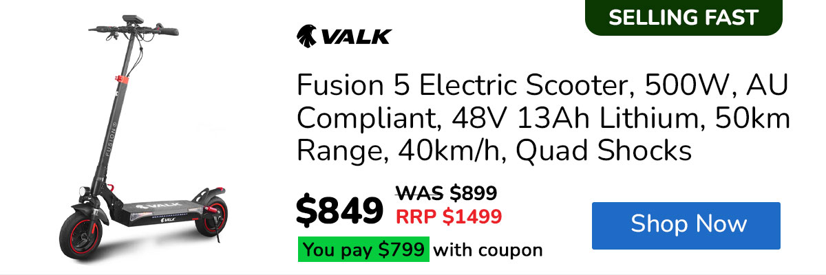 VALK Fusion 5 Electric Scooter, 500W, AU Compliant, 48V 13Ah Lithium, 50km Range, 40km/h, Quad Shocks, 10 inch Tyres