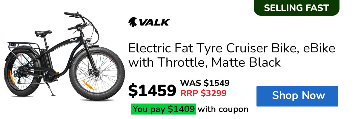 VALK Electric Fat Tyre Cruiser Bike, eBike with Throttle, Matte Black