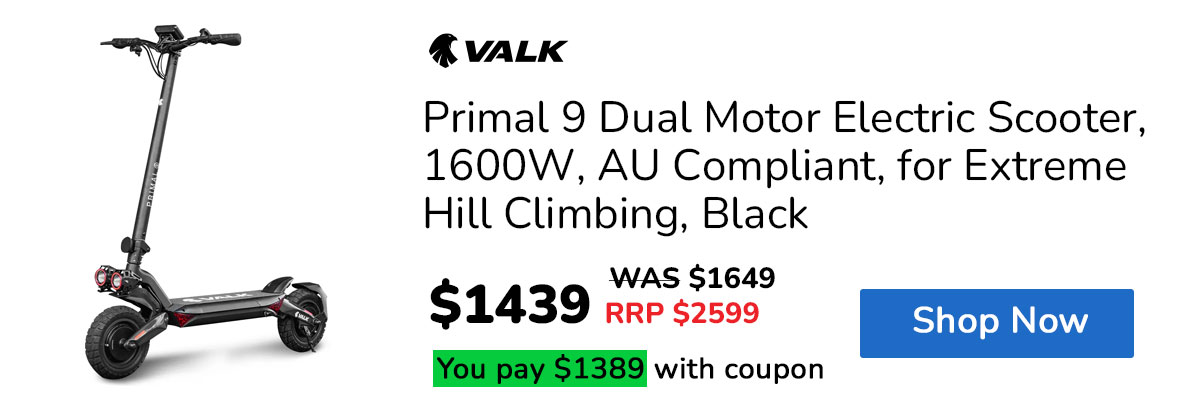 VALK Primal 9 Dual Motor Electric Scooter, 1600W, AU Compliant, for Extreme Hill Climbing, Black