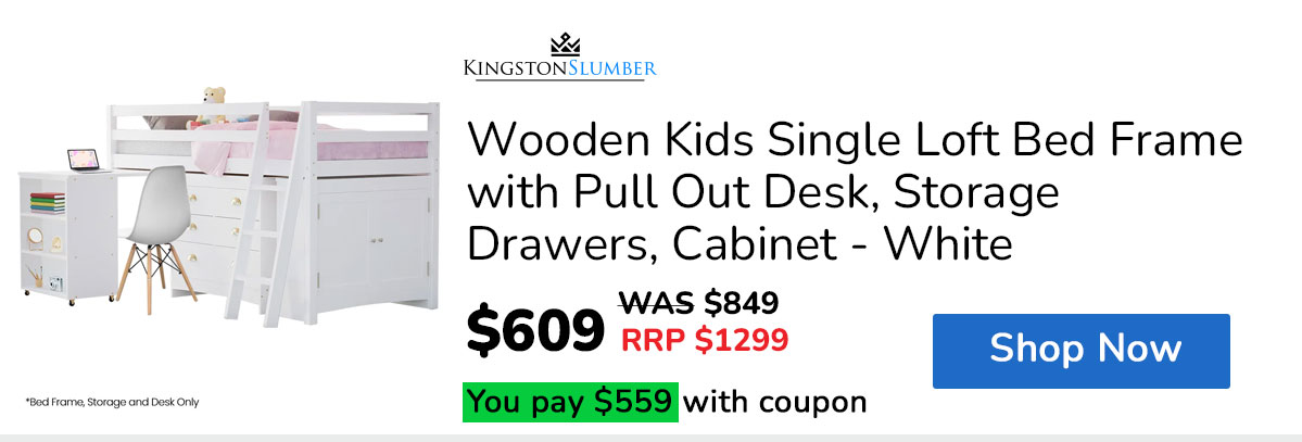 KINGSTON SLUMBER Wooden Kids Single Loft Bed Frame with Pull Out Desk, Storage Drawers, Cabinet - White