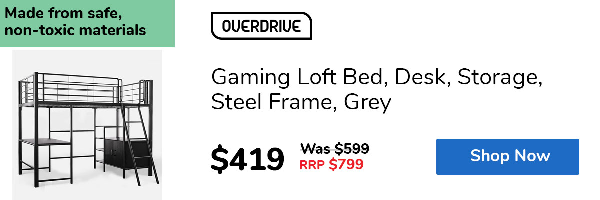 Gaming Loft Bed, Desk, Storage, Steel Frame, Grey