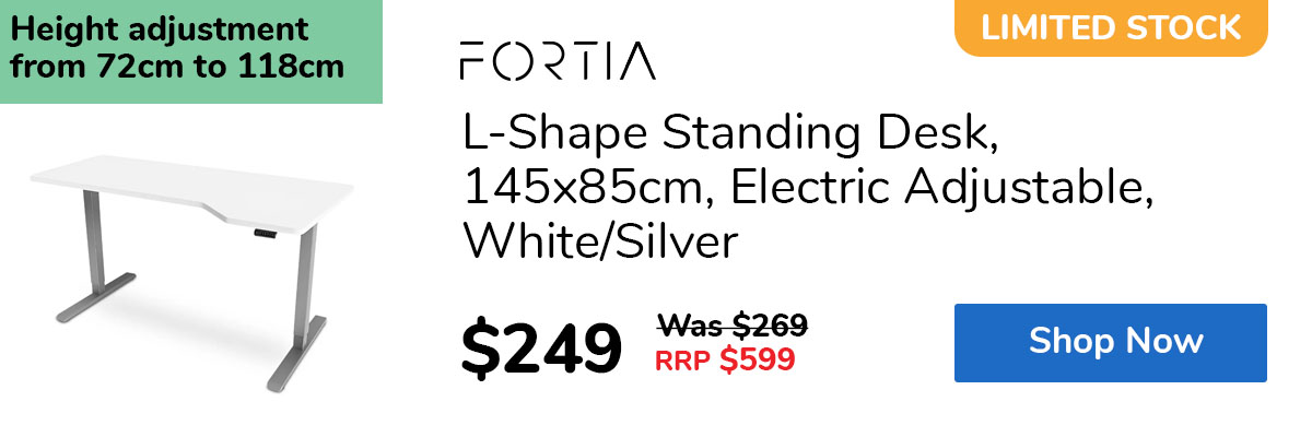 L-Shape Standing Desk, 145x85cm, Electric Adjustable, White/Silver