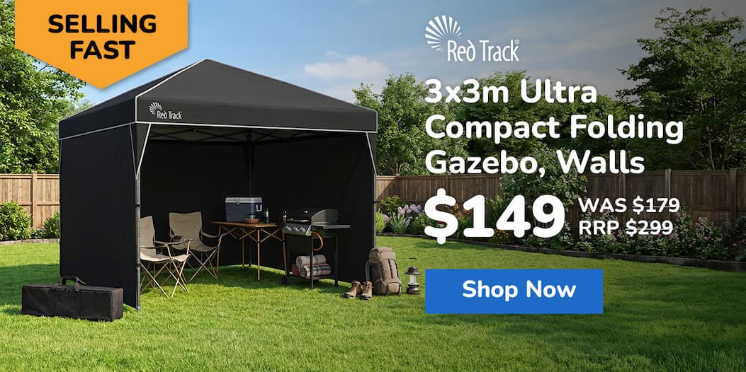 RED TRACK 3x3m Ultra Compact Folding Gazebo, Walls, Carry bag, Portable Outdoor Popup Marquee for Camping Beach, Black