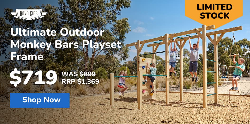 ROVO KIDS Ultimate Outdoor Monkey Bars Playset Frame, with Climbing Wall, Disc Swing, Rope Ladder