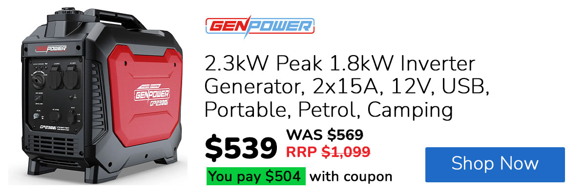 GENPOWER 2.3kW Peak 1.8kW Inverter Generator, 2x15A, 12V, USB, Portable, Petrol, Camping, Home Backup