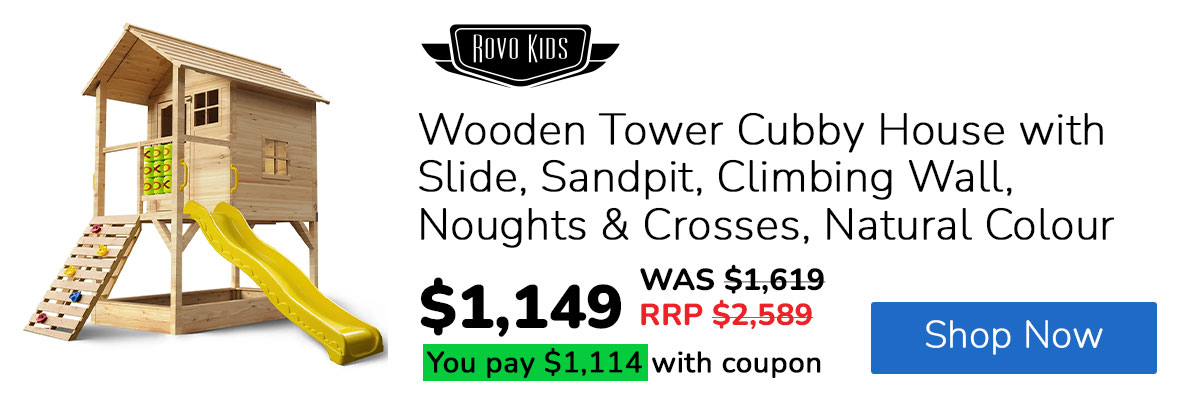 ROVO KIDS Wooden Tower Cubby House with Slide, Sandpit, Climbing Wall, Noughts & Crosses, Natural Colour