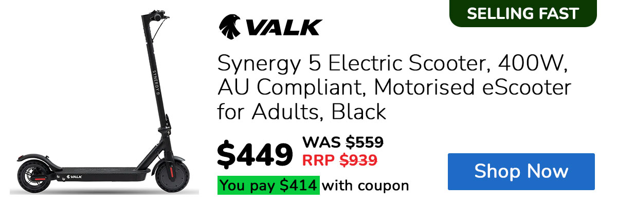 VALK Synergy 5 Electric Scooter, 400W, AU Compliant, Motorised eScooter for Adults, Black