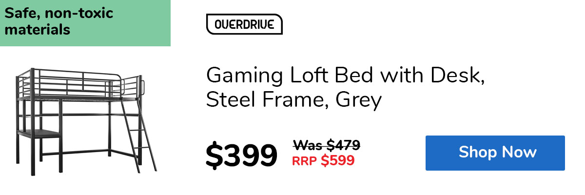 Gaming Loft Bed with Desk, Steel Frame, Grey