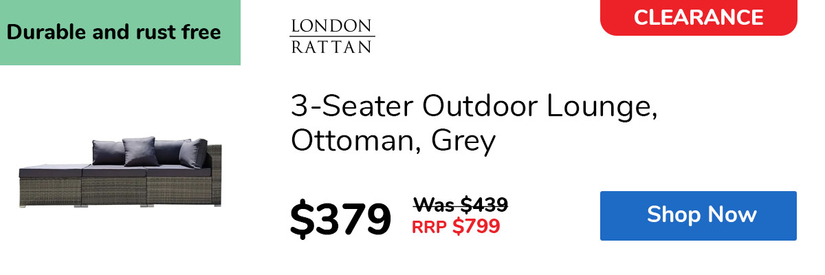 3-Seater Outdoor Lounge, Ottoman, Grey