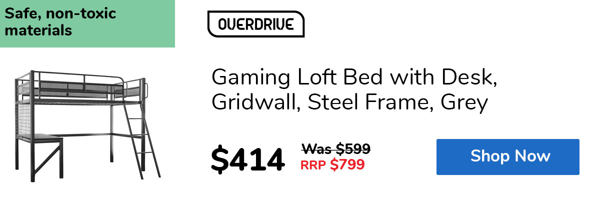 Gaming Loft Bed with Desk, Gridwall, Steel Frame, Grey