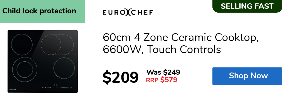 60cm 4 Zone Ceramic Cooktop, 6600W, Touch Controls
