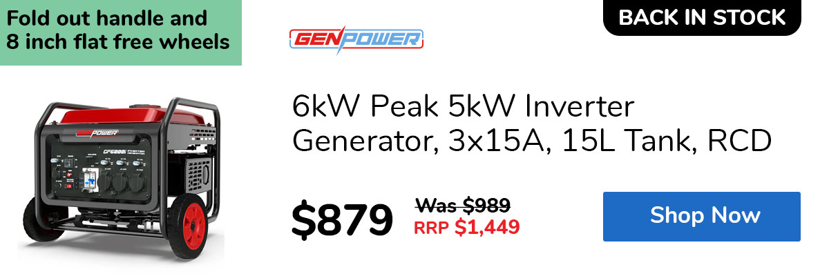 6kW Peak 5kW Inverter Generator, 3x15A, 15L Tank, RCD