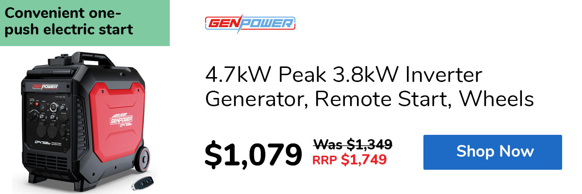 4.7kW Peak 3.8kW Inverter Generator, Remote Start, Wheels