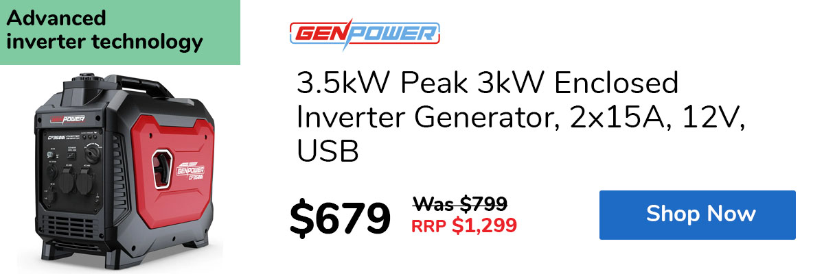 3.5kW Peak 3kW Enclosed Inverter Generator, 2x15A, 12V, USB