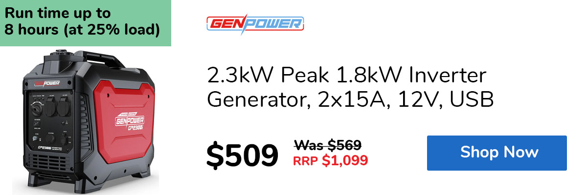 2.3kW Peak 1.8kW Inverter Generator, 2x15A, 12V, USB