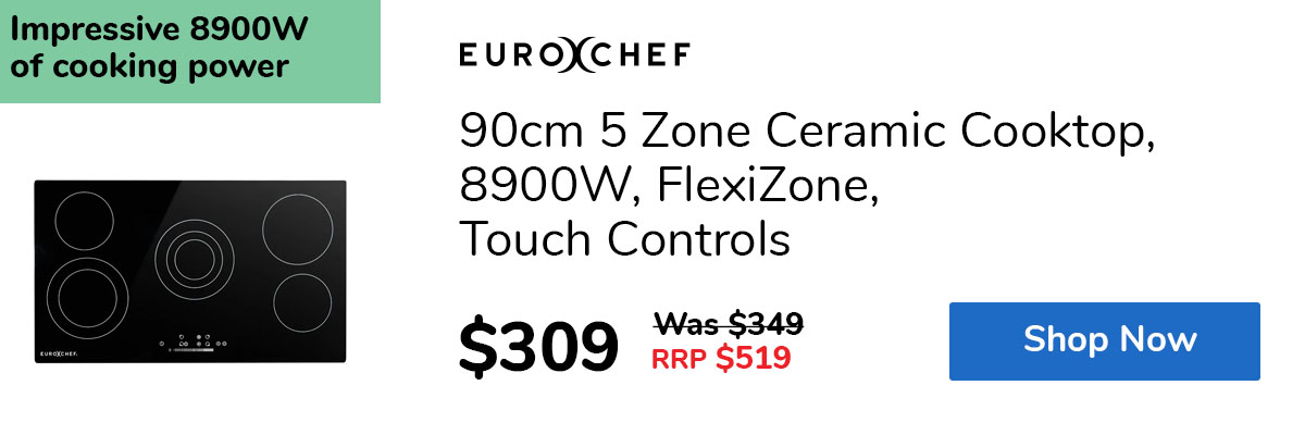 90cm 5 Zone Ceramic Cooktop, 8900W, FlexiZone, Touch Controls
