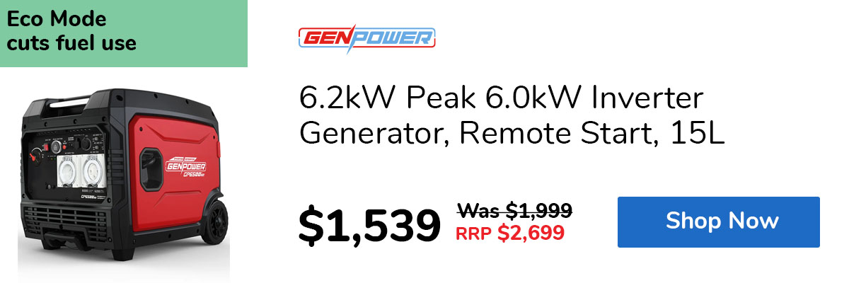 GENPOWER 6.2kW Peak 6.0kW Inverter Generator, Push Button & Remote Start, 15L Tank, Portable w/ Wheels, Camping, Backup