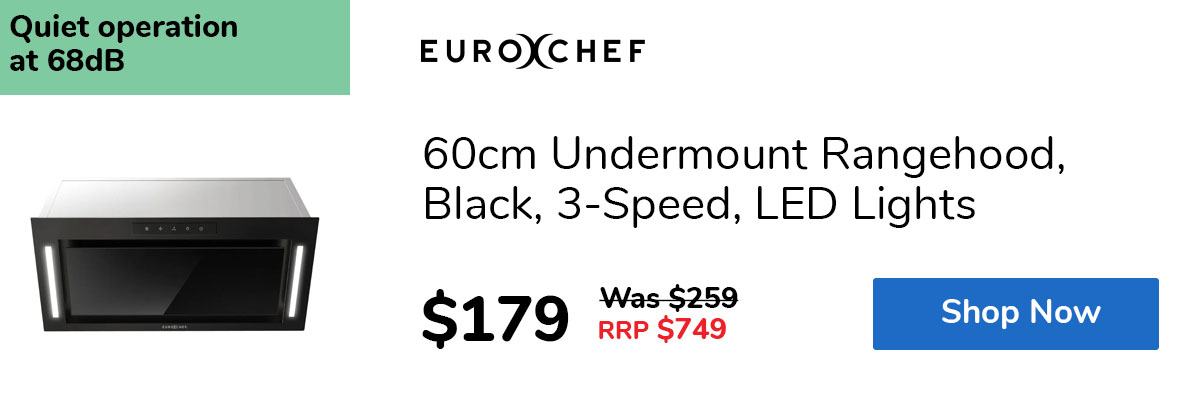 60cm Undermount Rangehood, Black, 3-Speed, LED Lights