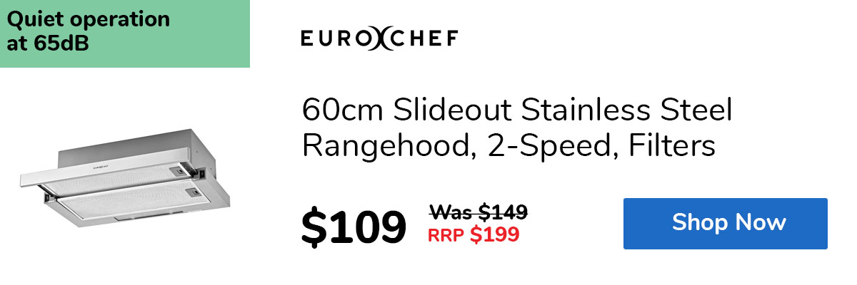 60cm Slideout Stainless Steel Rangehood, 2-Speed, Filters