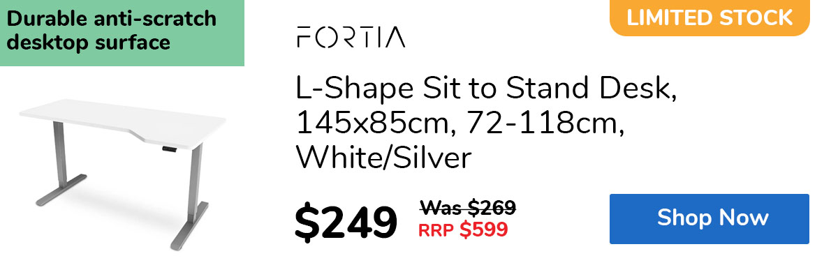 L-Shape Sit to Stand Desk, 145x85cm, 72-118cm, White/Silver
