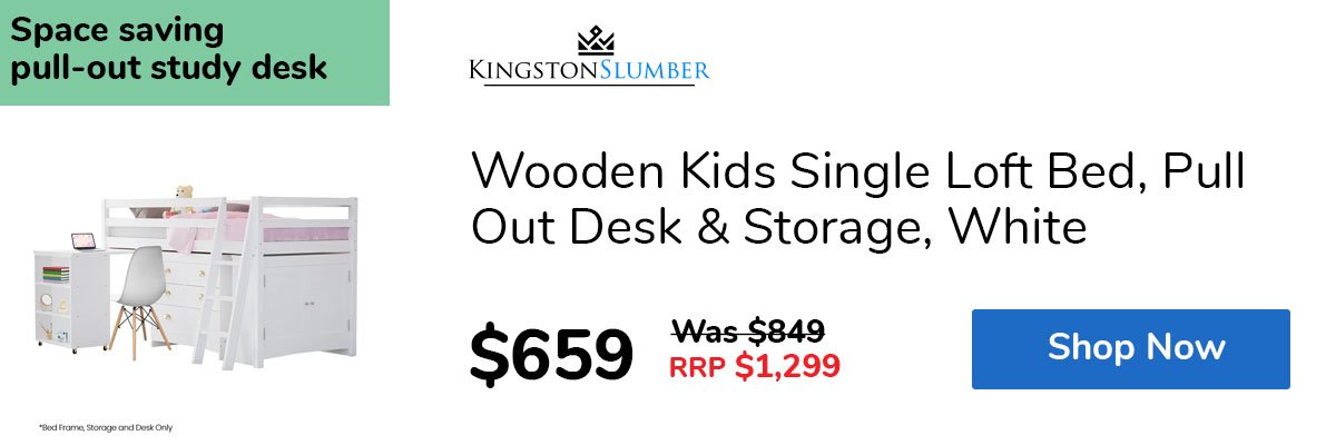 Wooden Kids Single Loft Bed, Pull Out Desk & Storage, White