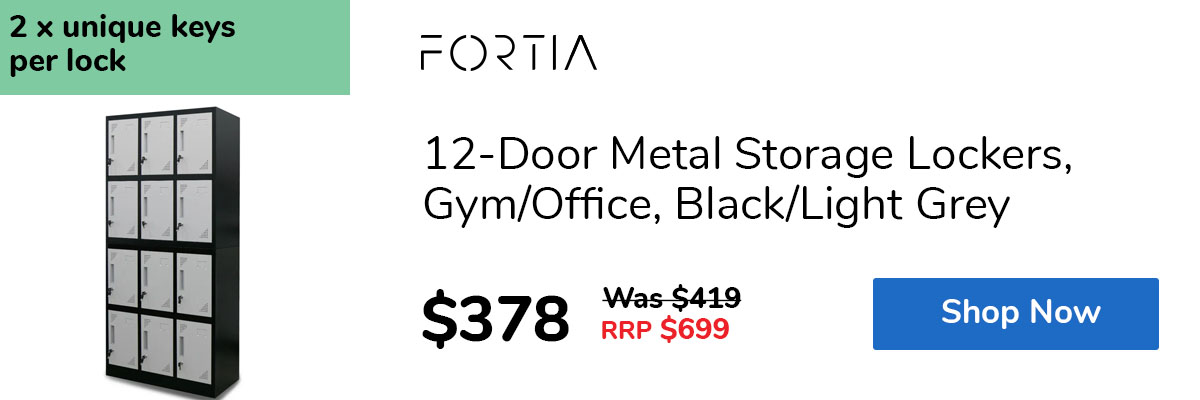 12-Door Metal Storage Lockers, Gym/Office, Black/Light Grey