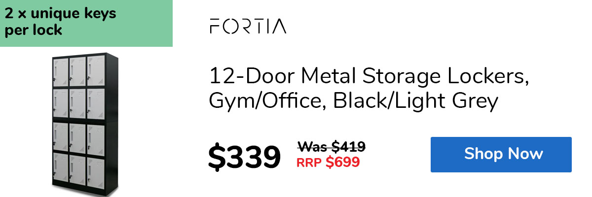 12-Door Metal Storage Lockers, Gym/Office, Black/Light Grey