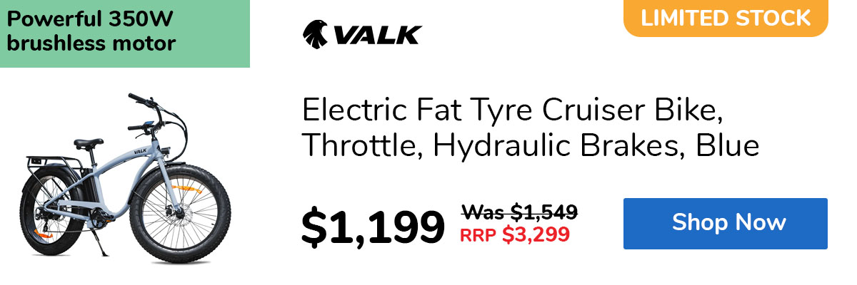 Electric Fat Tyre Cruiser Bike, Throttle, Hydraulic Brakes, Blue