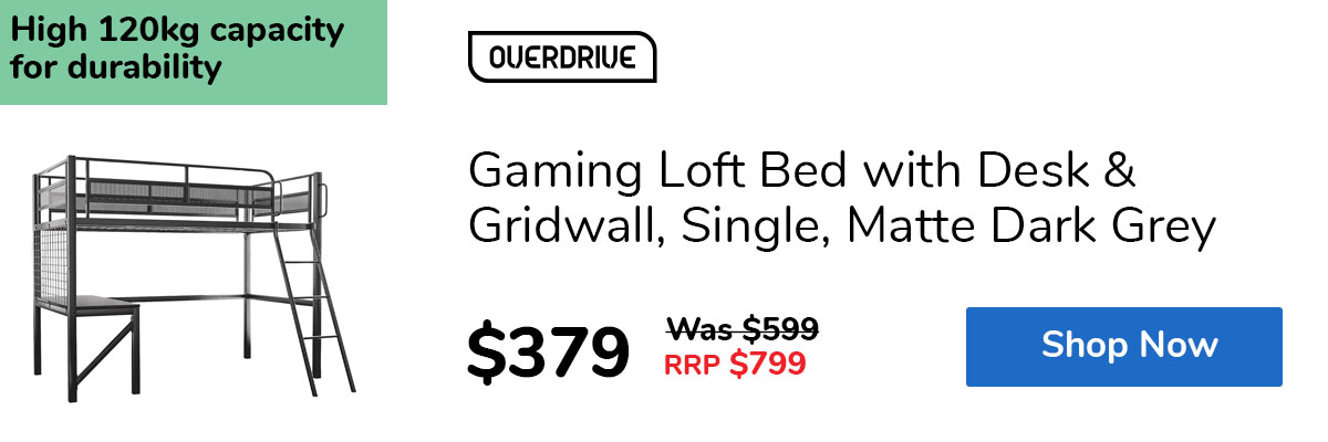 Gaming Loft Bed with Desk & Gridwall, Single, Matte Dark Grey