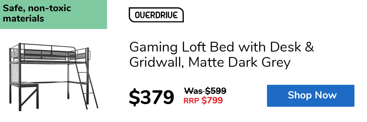 Gaming Loft Bed with Desk & Gridwall, Matte Dark Grey