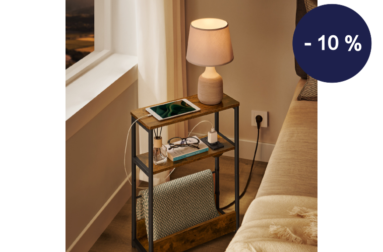 Odkládací stolek úzký s el. a USB zásuvkou hnědý - 999 Kč