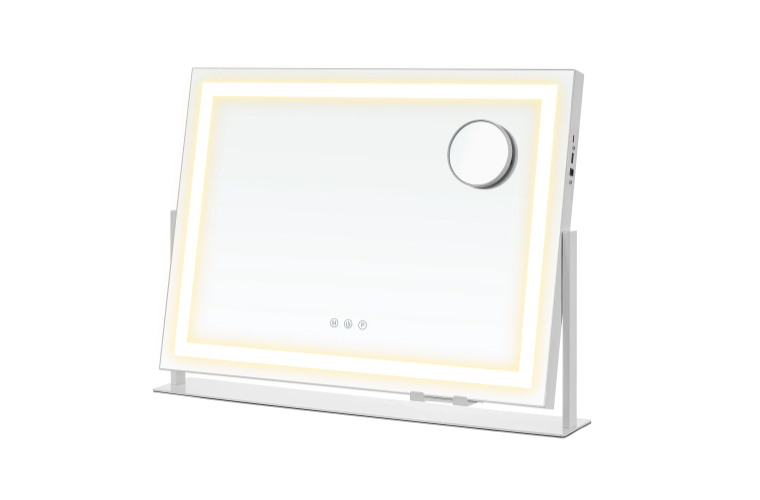 Kosmetické zrcadlo s LED páskem nabíjecí porty dotykové ovládání 3 barvy světla stmívatelné, 58 x 43 cm bílá - 1 429 Kč