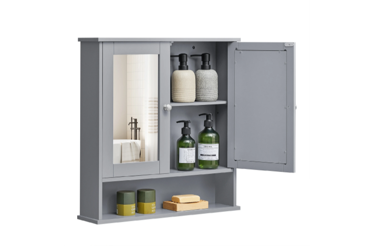 Koupelnová skříňka se 2 zrcadlovými dvířky a otevřeným prostorem 57 x 59 x 13 cm šedá - 899 Kč