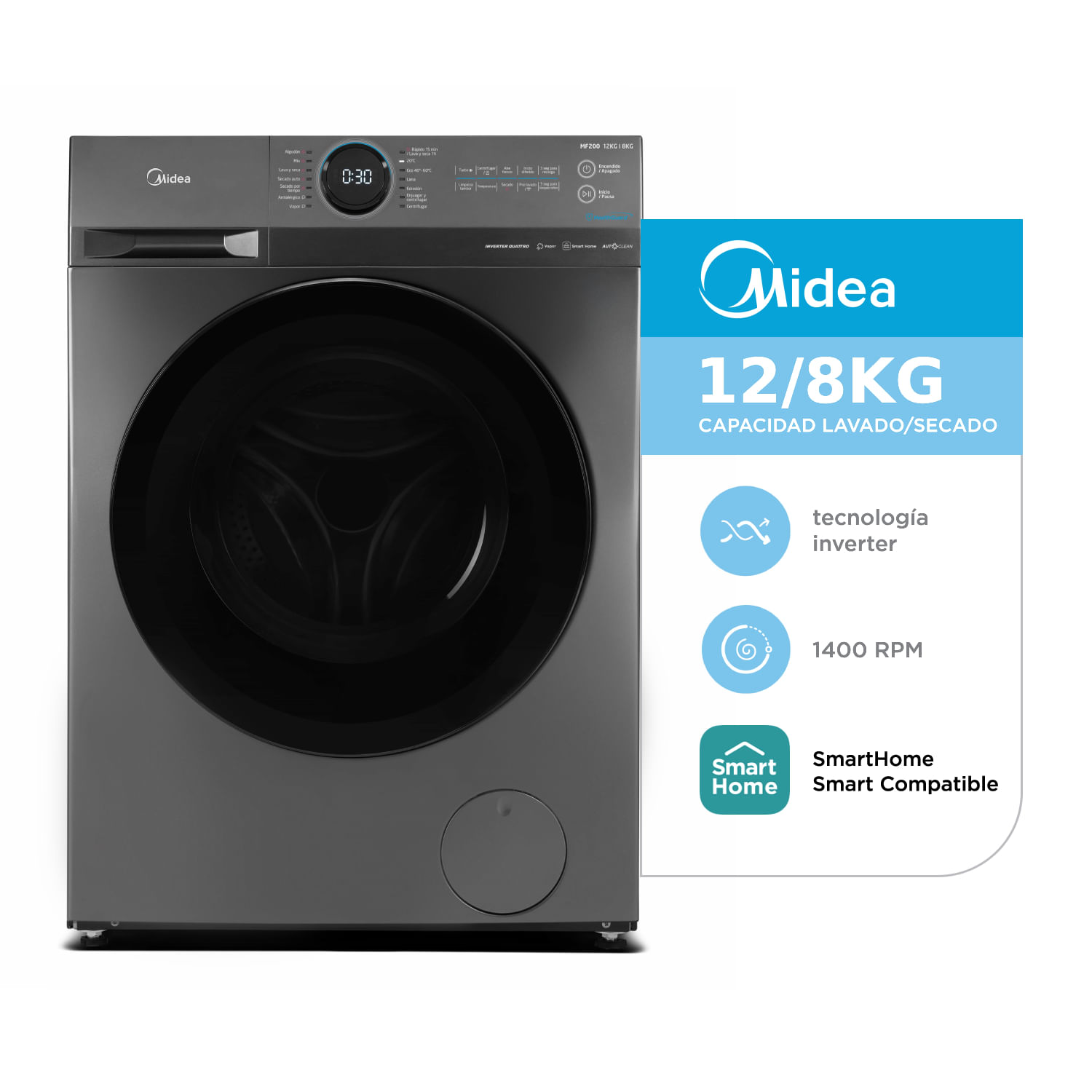 Lavasecarropas Midea 12/8kg Mf-200d120b Silver 1400rpm Inverter