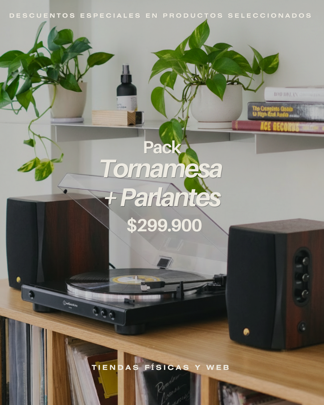 a record player sitting on top of a wooden shelf