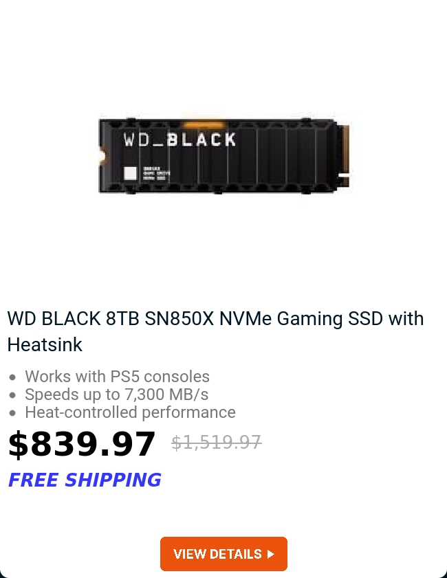 WD BLACK 8TB SN850X NVMe Gaming SSD with Heatsink 