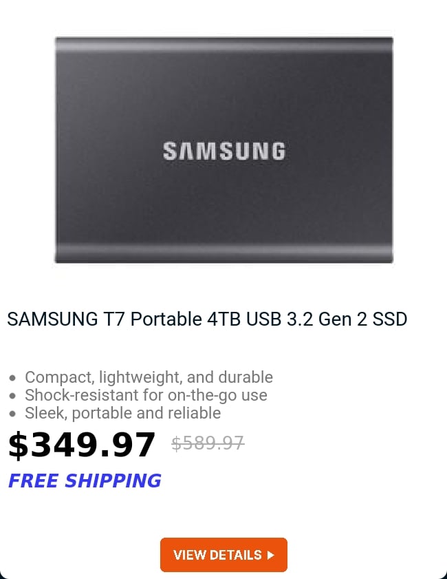 SAMSUNG T7 Portable 4TB USB 3.2 Gen 2 SSD 