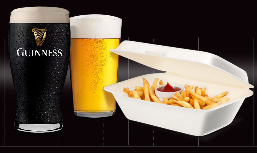Guniness glass, beer glass, takeaway box